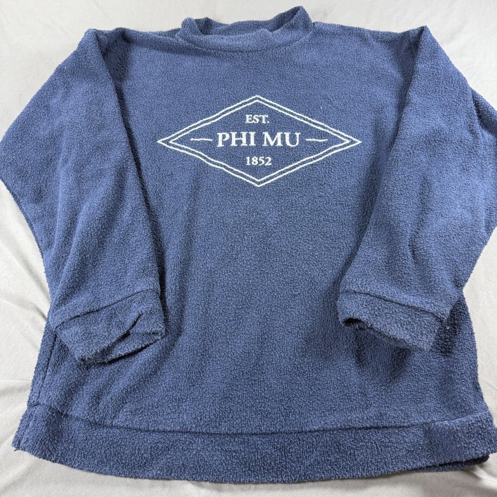 Woolly Threads Phi Mu Sorority Sweatshirt Large Blue Textured Fleece Mock Neck